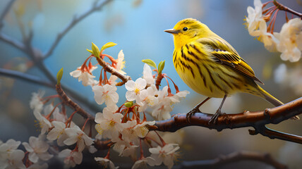 yellow bird sitting on a branch of a tree Generative AI