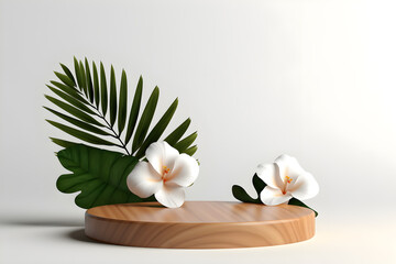 Fototapeta na wymiar Empty wood podium with Tropical flowers trees plants decoration, Minimal blank 3D wooden stage for products display presentation design, ai generate