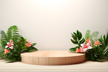 Empty wood podium with Tropical flowers trees plants decoration, Minimal blank 3D wooden stage for products display presentation design, ai generate
