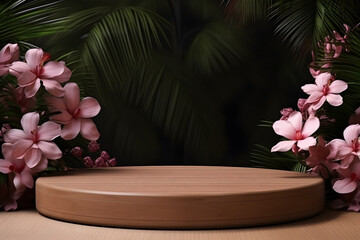 Obraz na płótnie Canvas Empty wood podium with Tropical trees plants decoration, Minimal blank 3D wooden stage for products display presentation design, ai generate