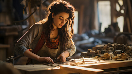 arafed woman working on a piece of wood in a workshop Generative AI - obrazy, fototapety, plakaty