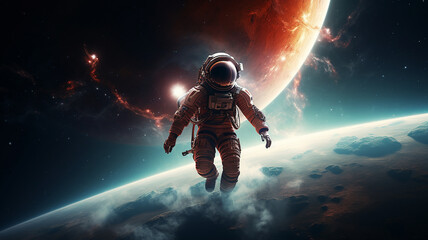 An astronaut floats in the atmosphere near a planet.