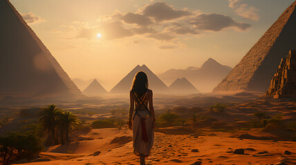 arafed woman standing in front of a pyramids in the desert Generative AI