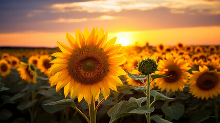 Obraz premium Sunflower field on sunset. Beautiful nature landscape panorama.