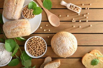 Background with bread made with soy flour on rustic table