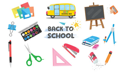 School supplies vector set. Back to school concept. Stationery supplies. Education theme. Flat vector in cartoon style. Globe, school bag, clock, color box, high light pen, book, blackboard, glasses