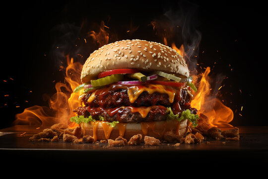 Generative AI Image of Spicy Burger with Hot Fire on Dark Background