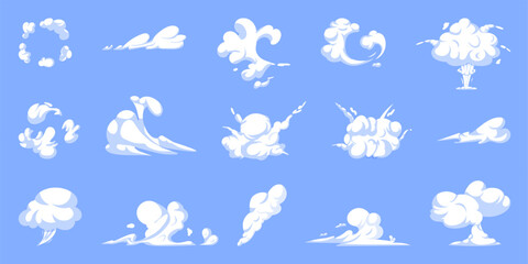 Clouds. Comic effects, explosion and fire puff, swirl cloud and dust smoke, wind stream, dust and mist, smog and vapor. White silhouettes set. Game design elements cartoon vector illustration