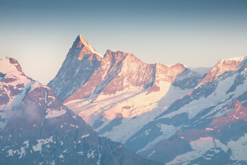 Panorama of Mt. Schreckhorn and Wetterhorn. Popular tourist attraction. Dramatic and picturesque...