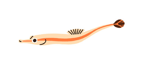 Funny long fish. Cute exotic tropical species. Sea water, marine animal. Underwater ocean fauna. Ornamental elongated creature. Flat vector illustration isolated on white background