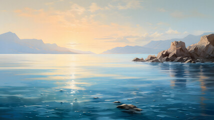 painting of a rocky shore with a body of water and a mountain in the distance Generative AI