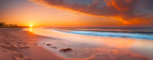Fototapeta na wymiar Panoramic Beach Bliss, Tropical Sunset Seascape, AI Generated