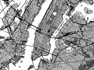 Greyscale vector city map of  New York Center New York in the United States of America with with water, fields and parks, and roads on a white background.