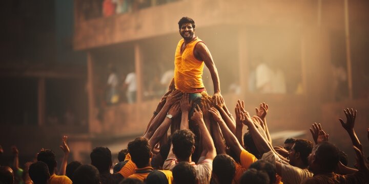 participants forming human pyramids to break the Dahi Handi, Janmashtami tradition. AI generative.