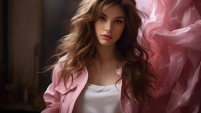 arafed woman with long hair and a pink jacket posing for a picture Generative AI
