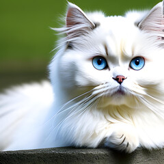 A fluffy white Persian cat with vibrant blue eyes
Description: This majestic feline has a luxurious, long coat that seems to float as it walks. Its mesmerizing blue eyes radiate elegance and intellige