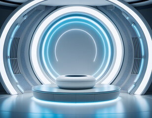 Obraz premium Futuristic empty stand for modern future background technology sci-fi. AI generative.