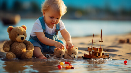 small child playing with a toy boat and teddy bears Generative AI - obrazy, fototapety, plakaty