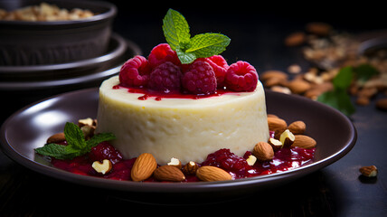 dessert with raspberries and almonds on a plate Generative AI