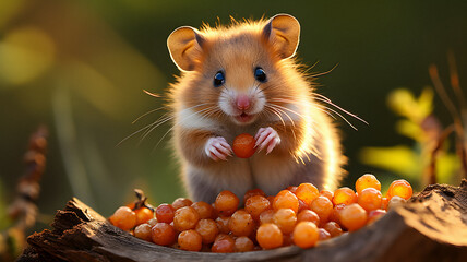 hamster eating a carrot on a tree stump Generative AI - obrazy, fototapety, plakaty