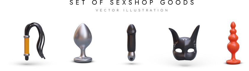 3D sex shop goods. Whip, anal plug, vibrator, black mask. Set of color isolated illustrations. Toys for adults. Accessories for BDSM. Icons for online store