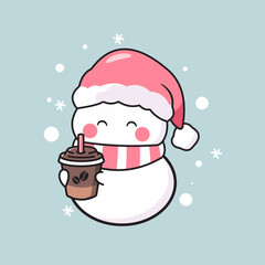 vector snowman drinking a cup of coffee with cute smile