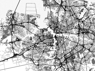 Obraz premium Greyscale vector city map of Norfolk Metro Virginia in the United States of America with with water, fields and parks, and roads on a white background.