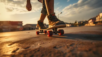 Foto op Canvas someone is riding a skateboard on a street with a sky background Generative AI © Bipul