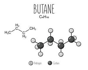 Butane skeletal structure and flat model representation, isolated on a blank background. Vector editable