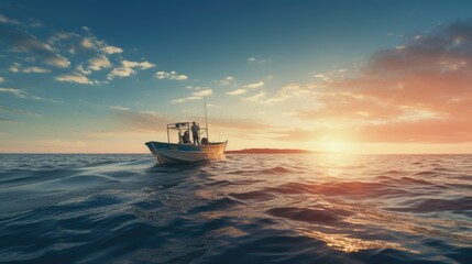 Fishermen on a boat in the middle of the sea, AI generated Image