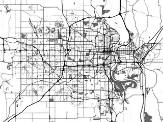 Greyscale vector city map of  Omaha Nebraska in the United States of America with with water, fields and parks, and roads on a white background.