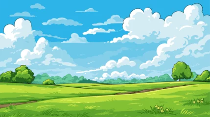  Meadow landscape with grass. Blue sky with white clouds. Flat valley landscape. Empty green field on sunny summer day. Vector © baobabay