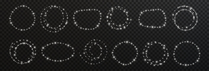 Festive Christmas light white garlands png. Decor element for postcards, invitations, backgrounds transparent, business cards. Stock royalty free. Winter new collection 2024.