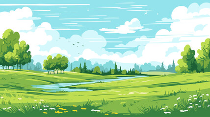 Meadow landscape with grass and river. Blue sky with white clouds. Flat valley landscape. Empty green field on sunny summer day. Vector