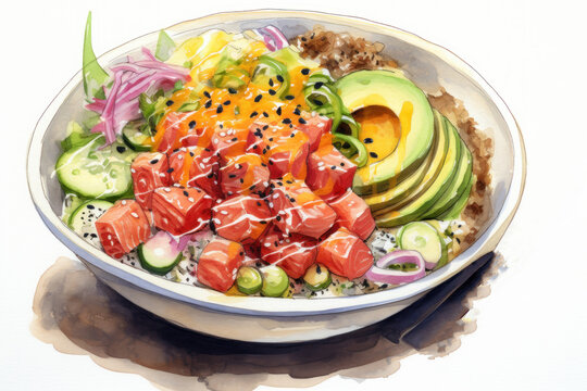Poke bowl with seafood and vegetables, watercolor drawn style