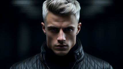 Obraz premium arafed man with a black jacket and a black turtle neck Generative AI