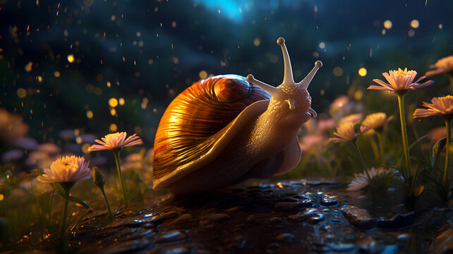 snail that is sitting on a rock in the rain Generative AI