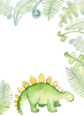 Watercolor card with cute stegosaurus. Hand drawn illustration © Tapilipa
