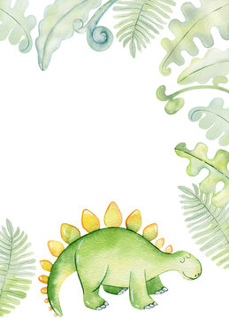 Watercolor card with cute stegosaurus. Hand drawn illustration