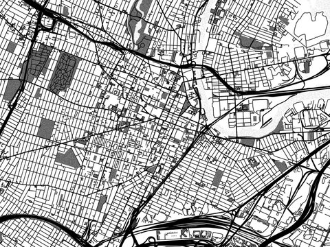 Greyscale vector city map of  Newark New Jersey in the United States of America with with water, fields and parks, and roads on a white background.