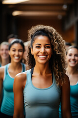 Fototapeta premium Diverse group participating in aerobics class background with empty space for text 