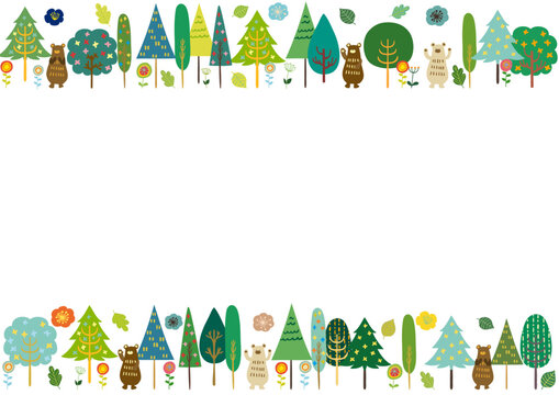 北欧風 森のくまさんと花と木々 フレームScandinavian Style Series:Forest Bear and Trees Flat Frame
