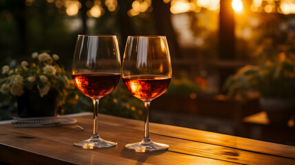 two wine glasses sitting on a table outside Generative AI - obrazy, fototapety, plakaty