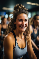 Dynamic individuals cycling vigorously in an intense spinning class at a boutique fitness club 