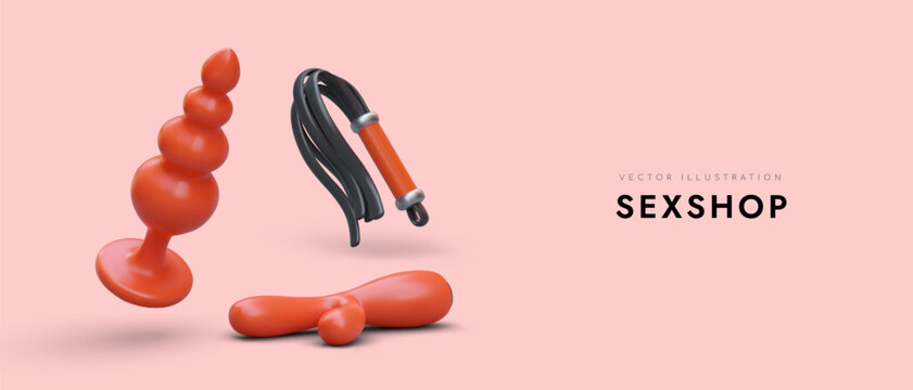 Toys to enhance sexual pleasure. Love goods for two. Accessories for role playing games. Stimulation of anus, vagina, clitoris. Advertising banner in cartoon style