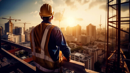 A construction worker admires the sunset over the city from the roof of a house under construction. Generative Ai