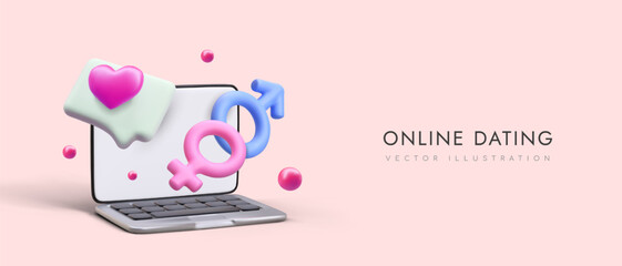 Advertising online dating agency. Searching for partner via Internet. Virtual relationships in network. Commercial concept in cartoon style. Horizontal template