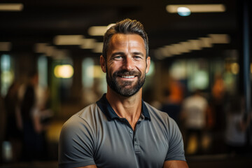 Obraz premium Personal trainer instructing at fitness club background with empty space for text 