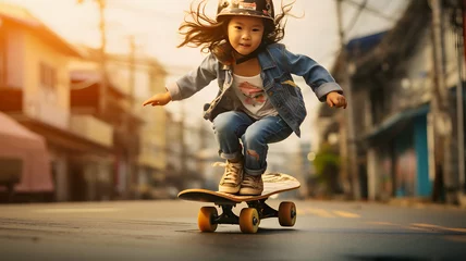 Fotobehang arafed child riding a skateboard down a city street Generative AI © Bipul
