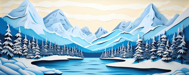 Winter paper cut landscape with snowy mountains and blue sky, fir trees in the background Generative AI